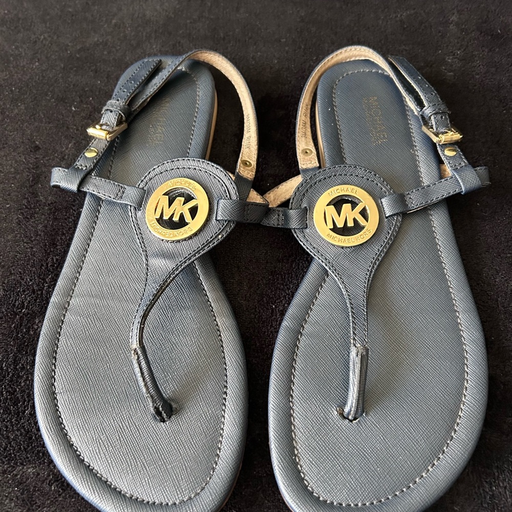 Michael Kors Navy Thong Sandals with Gold MK Medallions